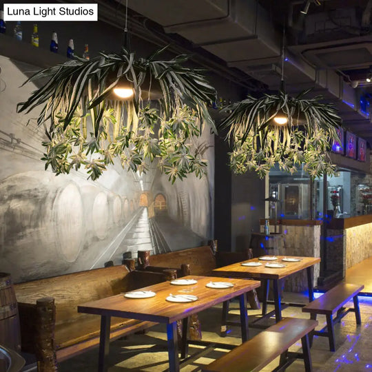 Green Metal Pendant Light: Industrial Plant Down Lighting Led Bulb - Ideal For Restaurants