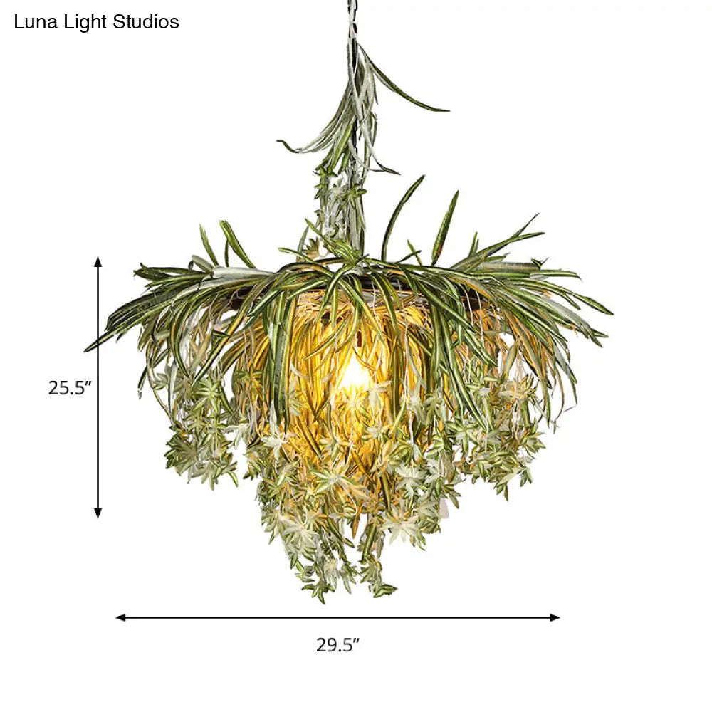 Green Metal Pendant Light With Artificial Plant Décor – Loft Round Ceiling Lamp Kit