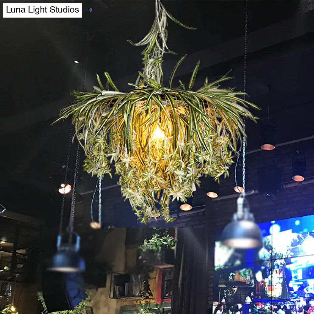 Green Metal Pendant Light With Artificial Plant Décor - Loft Round Ceiling Lamp Kit