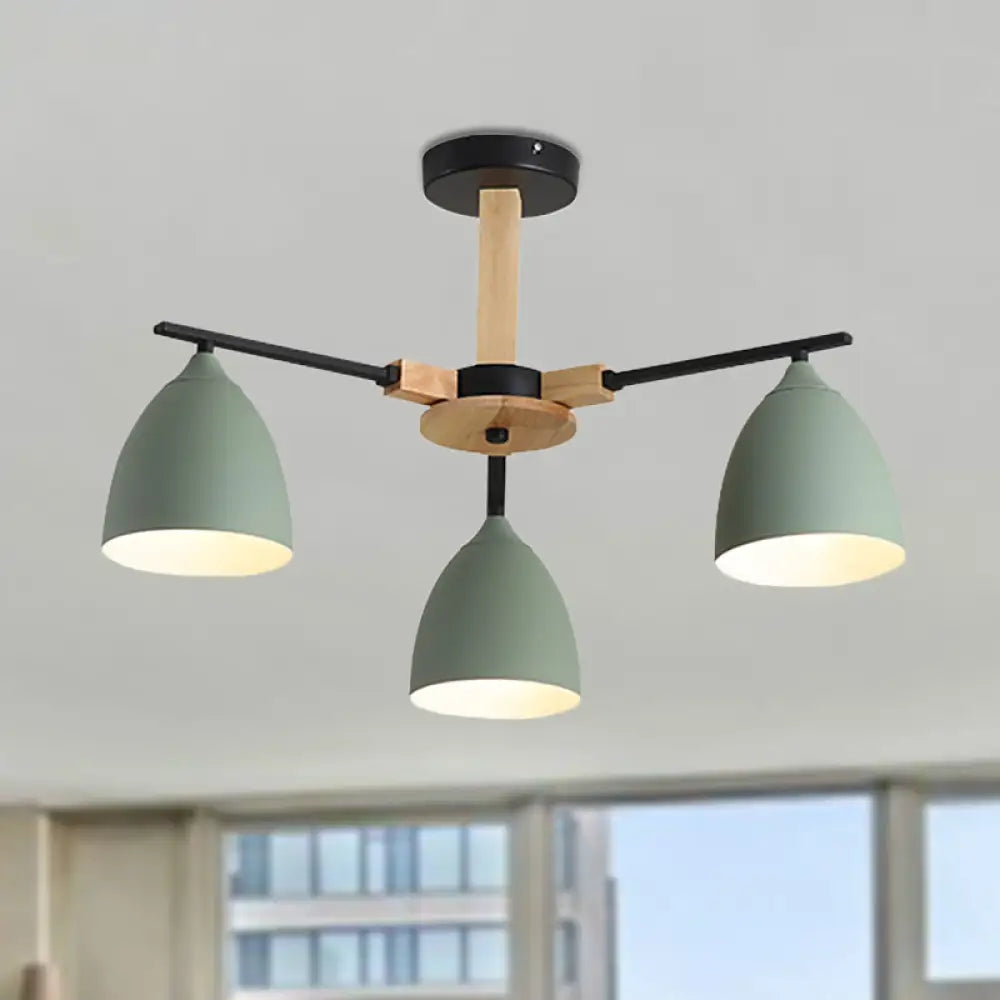 Green Nordic Dome Shade Wooden Hanging Chandelier Stylish Multi-Light Ceiling Light For Living Room