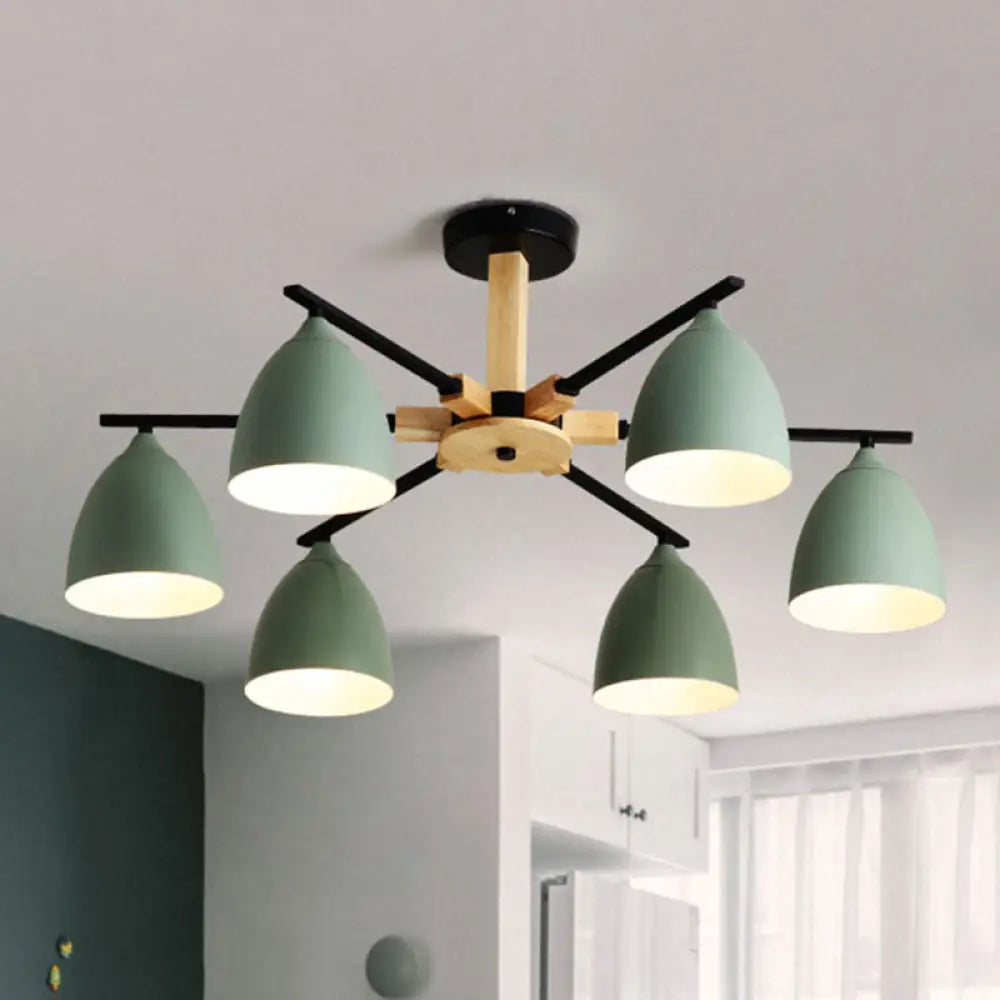 Green Nordic Dome Shade Wooden Hanging Chandelier Stylish Multi-Light Ceiling Light For Living Room