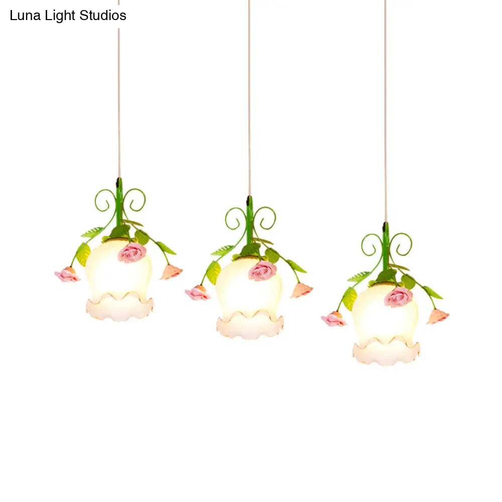 Green Opal Glass Cluster Pendant With Ruffle Detail - Ideal For Dining Rooms 3 Lights And Your