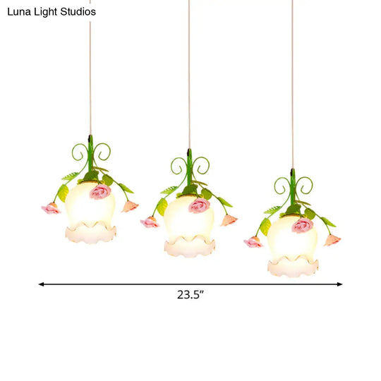 Green Opal Glass Cluster Pendant With Ruffle Detail - Ideal For Dining Rooms 3 Lights And Your