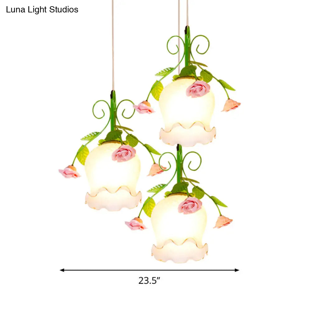 Green Opal Glass Cluster Pendant With Ruffle Detail - Ideal For Dining Rooms 3 Lights And Your