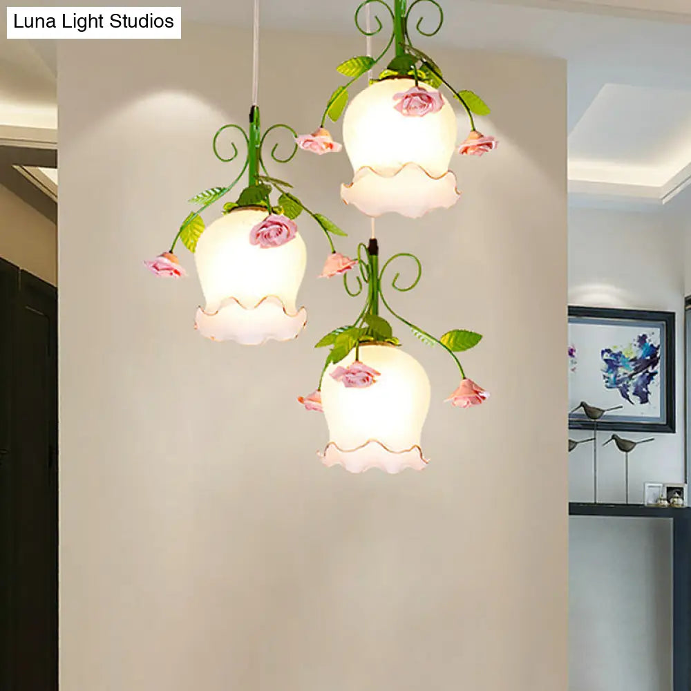 Green Opal Glass Cluster Pendant With Ruffle Detail - Ideal For Dining Rooms 3 Lights And Your