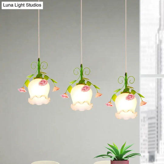 Green Opal Glass Cluster Pendant With Ruffle Detail - Ideal For Dining Rooms 3 Lights And Your