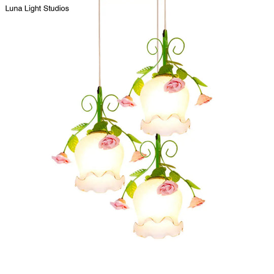 Green Opal Glass Cluster Pendant With Ruffle Detail - Ideal For Dining Rooms 3 Lights And Your