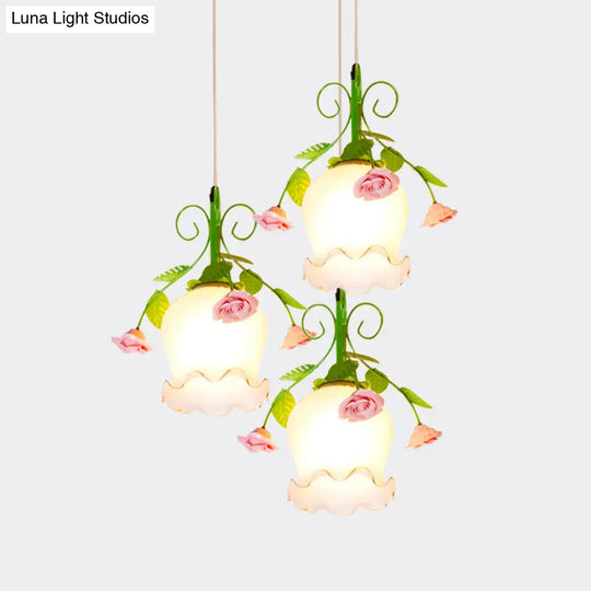 Green Opal Glass Cluster Pendant With Ruffle Detail - Ideal For Dining Rooms 3 Lights And Your