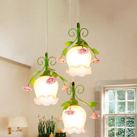 Green Opal Glass Cluster Pendant With Ruffle Detail - Ideal For Dining Rooms 3 Lights And Your