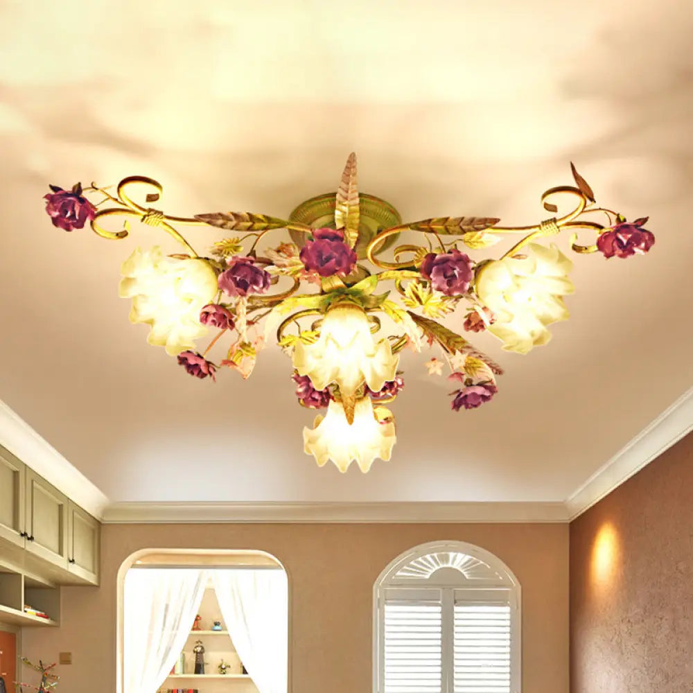 Green Opal Glass Scalloped Semi Flush Ceiling Light With Korean Flower Design - 4 Bulb Living Room