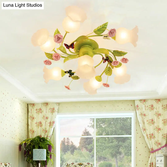 Semi-Flush Mount Bedroom Ceiling Light Fixture - Traditional Opaque Glass Spiral Design (4/7 Bulbs)