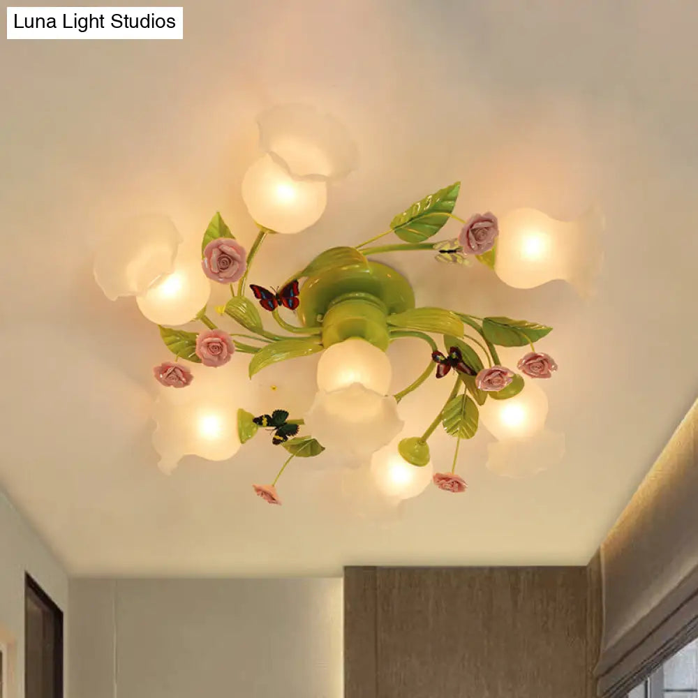 Semi-Flush Mount Bedroom Ceiling Light Fixture - Traditional Opaque Glass Spiral Design (4/7 Bulbs)