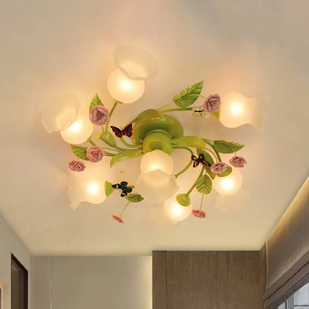 Green Opaque Glass Spiral Bedroom Ceiling Light Fixture - Semi - Flush Mount (4/7 Bulbs)