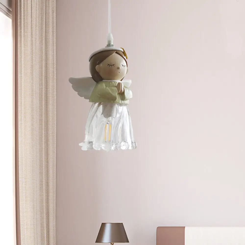 Green Resin Angel Child Pendant Light - Single Bulb Hanging Fixture For Bedroom 1 /