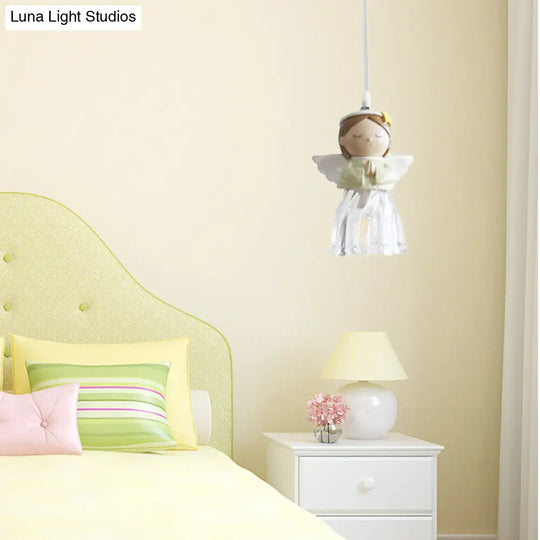 Green Resin Angel Child Pendant Light - Single Bulb Hanging Fixture For Bedroom