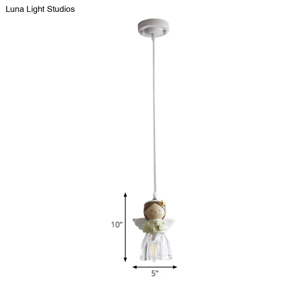 Green Resin Angel Child Pendant Light - Single Bulb Hanging Fixture For Bedroom