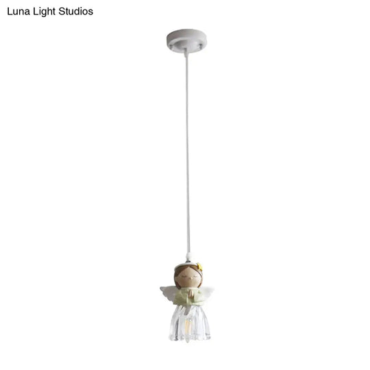 Green Resin Angel Child Pendant Light - Single Bulb Hanging Fixture For Bedroom