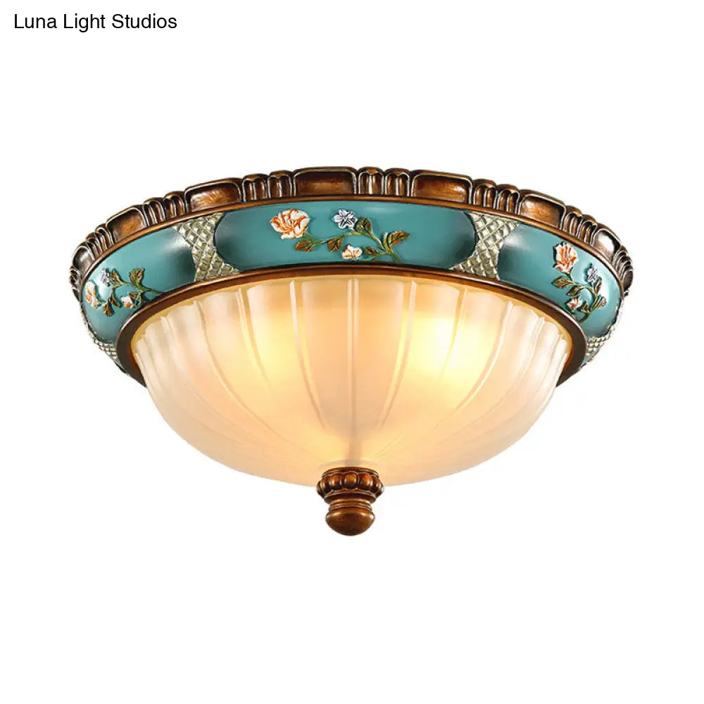 Green Retro Ribbed Glass Flush Mount Ceiling Light With Hemispherical Embossed Flower Design - 15/19