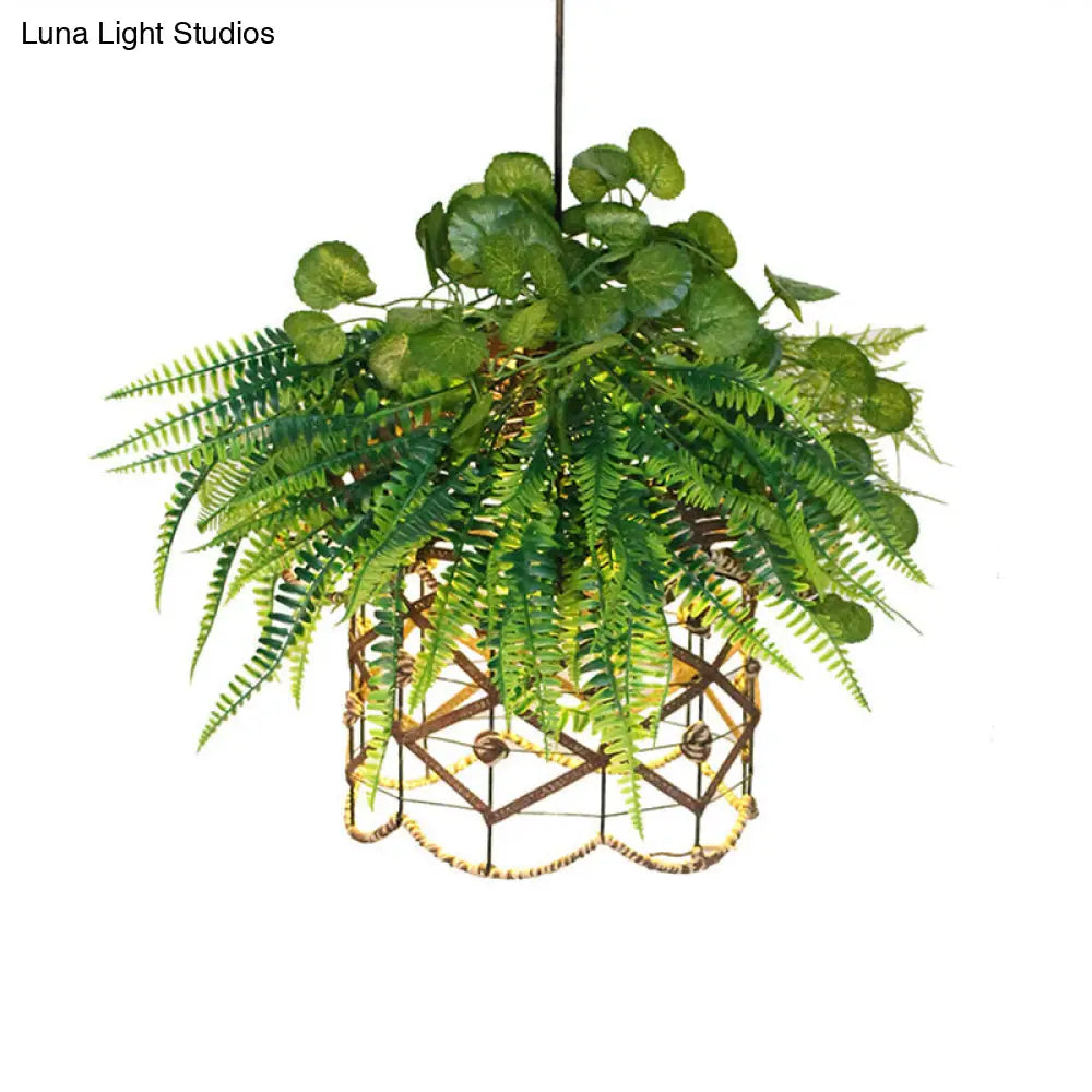 Retro Scalloped Cage Down Lighting Iron Ceiling Suspension Lamp - 1 Light Green With Plant