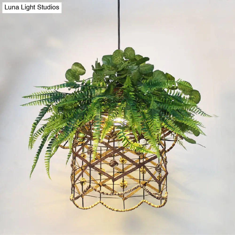 Retro Scalloped Cage Down Lighting Iron Ceiling Suspension Lamp - 1 Light Green With Plant