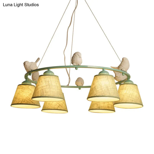 Green Rustic Style Ring Villa Chandelier With Bird & Tapered Shade