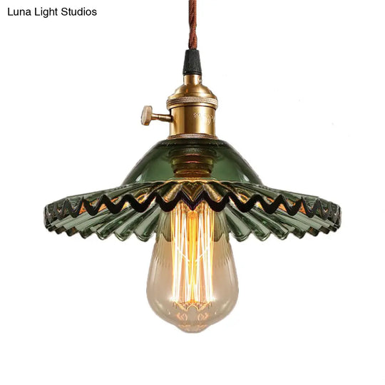 Industrial Glass Pendant Lamp In Green - Scalloped Prismatic Design Perfect For Dining Room Lighting