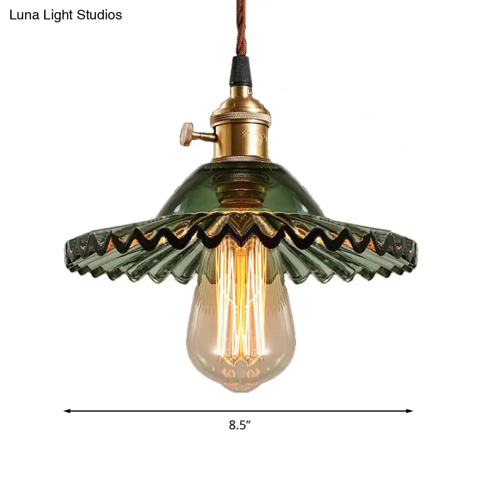 Green Scalloped Glass Pendant Light - Industrial Dining Room Hanging Lamp