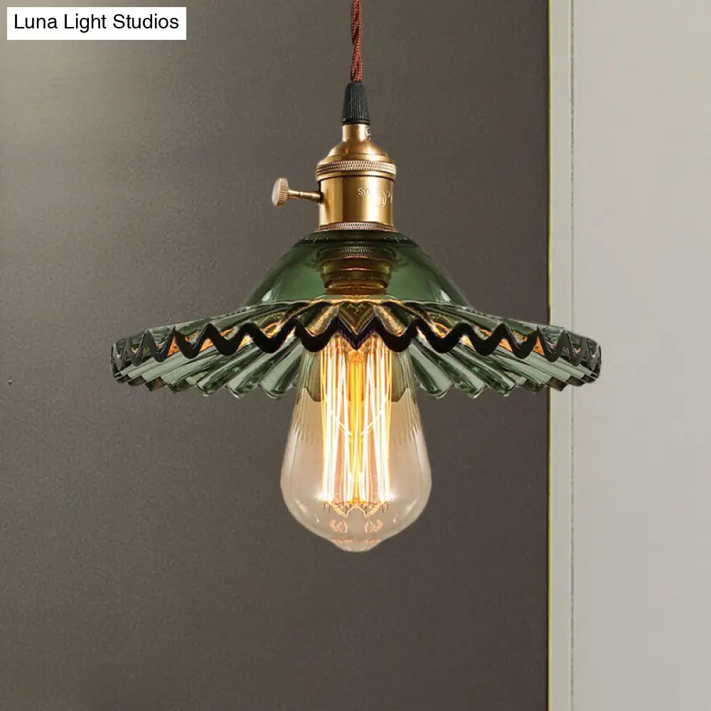 Industrial Glass Pendant Lamp In Green - Scalloped Prismatic Design Perfect For Dining Room Lighting