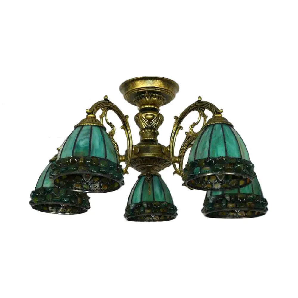Green Stained Art Glass Dome Semi Flush Ceiling Light With 5/8 Lights - Tiffany Inspired 5 /