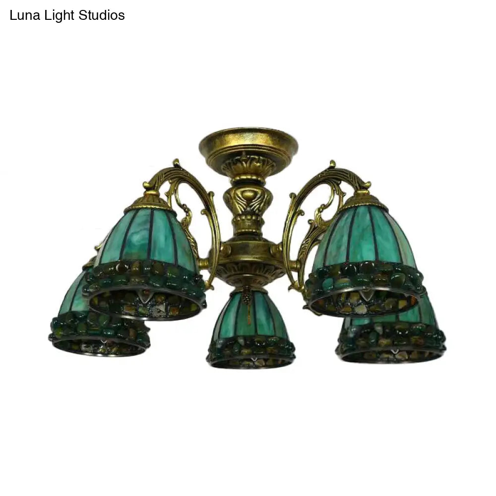 Green Stained Art Glass Dome Semi Flush Ceiling Light With 5/8 Lights - Tiffany Inspired 5 /