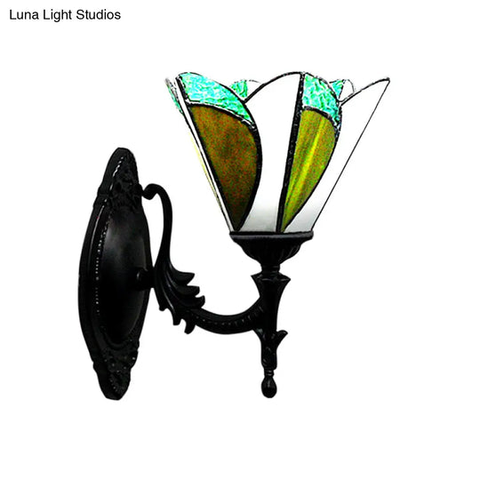 Green Stained Glass Cone Wall Light - Tiffany Style Lamp For Study Room Antique & Stylish