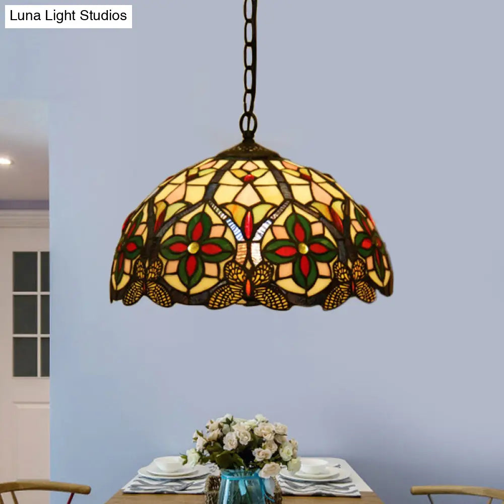 Green Stained Glass Tiffany Pendant Light With Flower Pattern