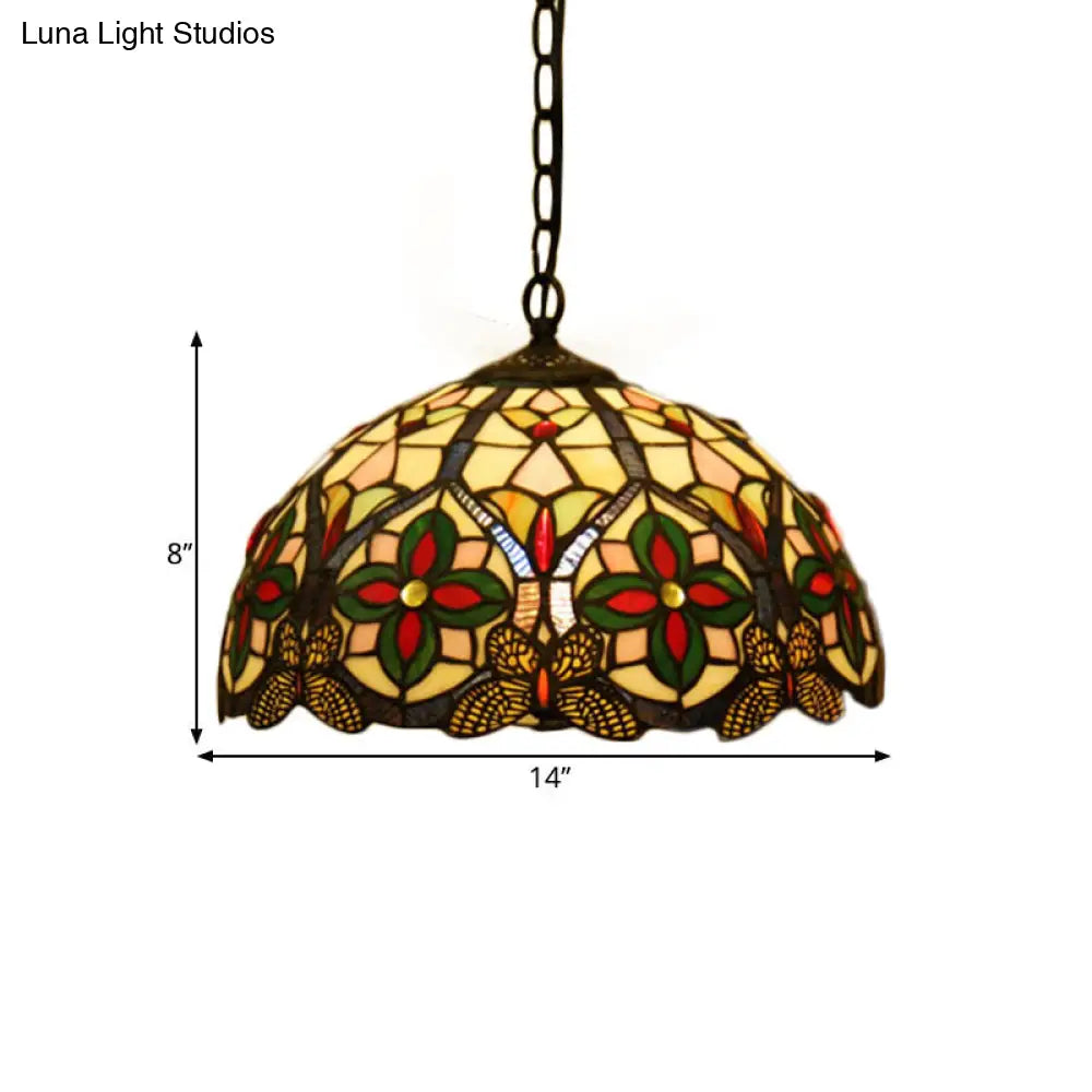 Green Stained Glass Pendant Light With Tiffany Bowl Design In Flower Pattern