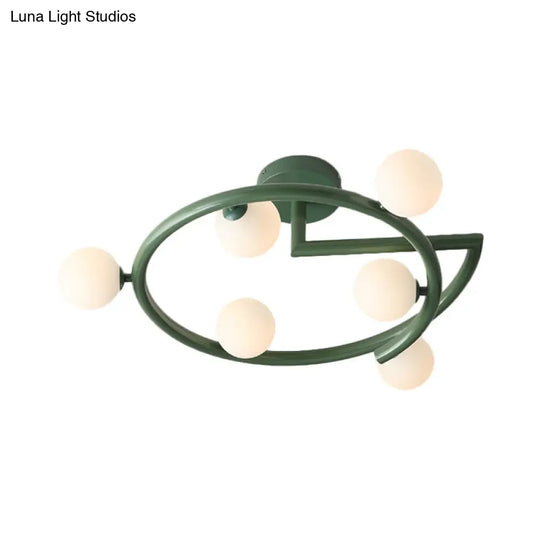 Green Swirled Arm Milk Glass Bubble Flush Light - Nordic 6 Heads Semi-Flush Ceiling