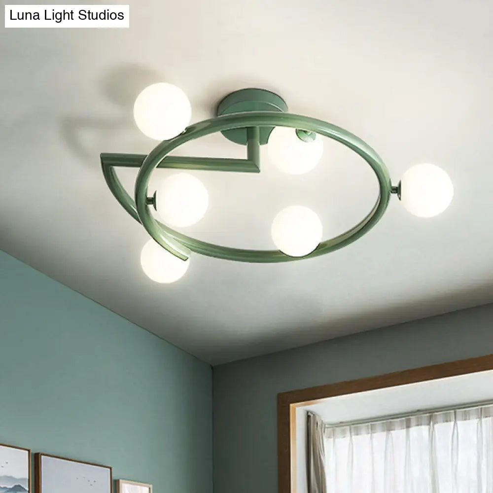 Green Swirled Arm Milk Glass Bubble Flush Light - Nordic 6 Heads Semi-Flush Ceiling