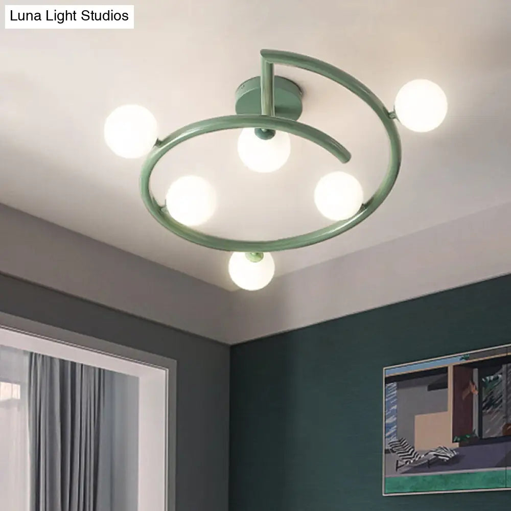 Green Swirled Arm Milk Glass Bubble Flush Light - Nordic 6 Heads Semi-Flush Ceiling