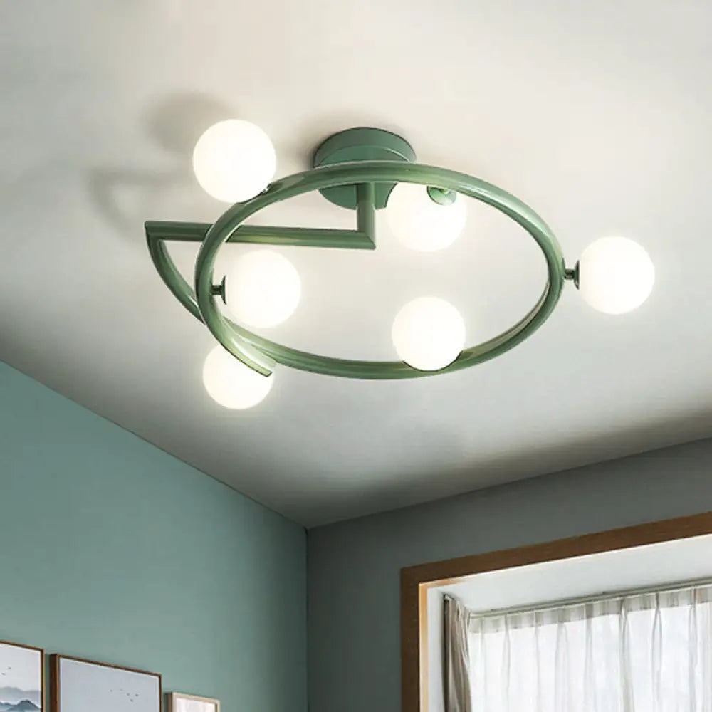 Green Swirled Arm Milk Glass Bubble Flush Light - Nordic 6 Heads Semi - Flush Ceiling