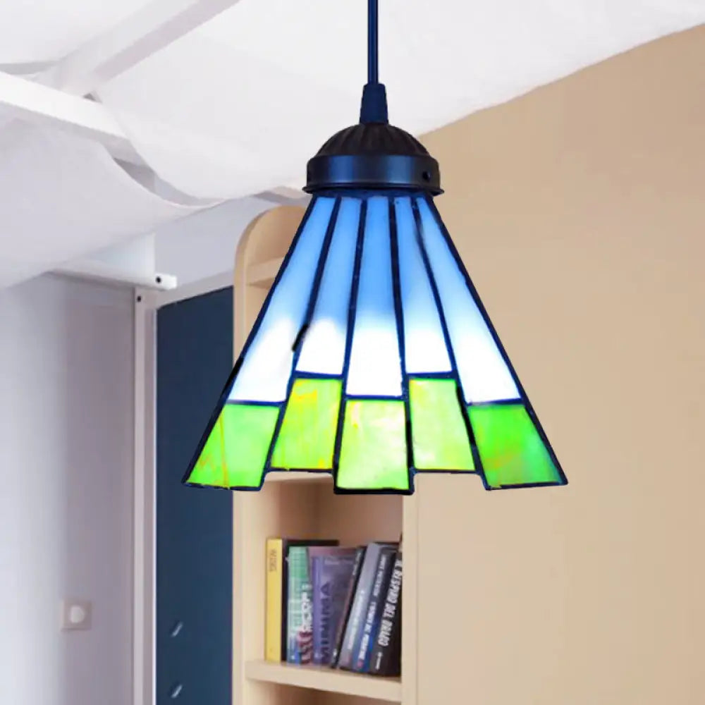 Green Tapered Pendant Ceiling Light: Tiffany 1 Head Multicolored Stained Glass Hanging Lamp