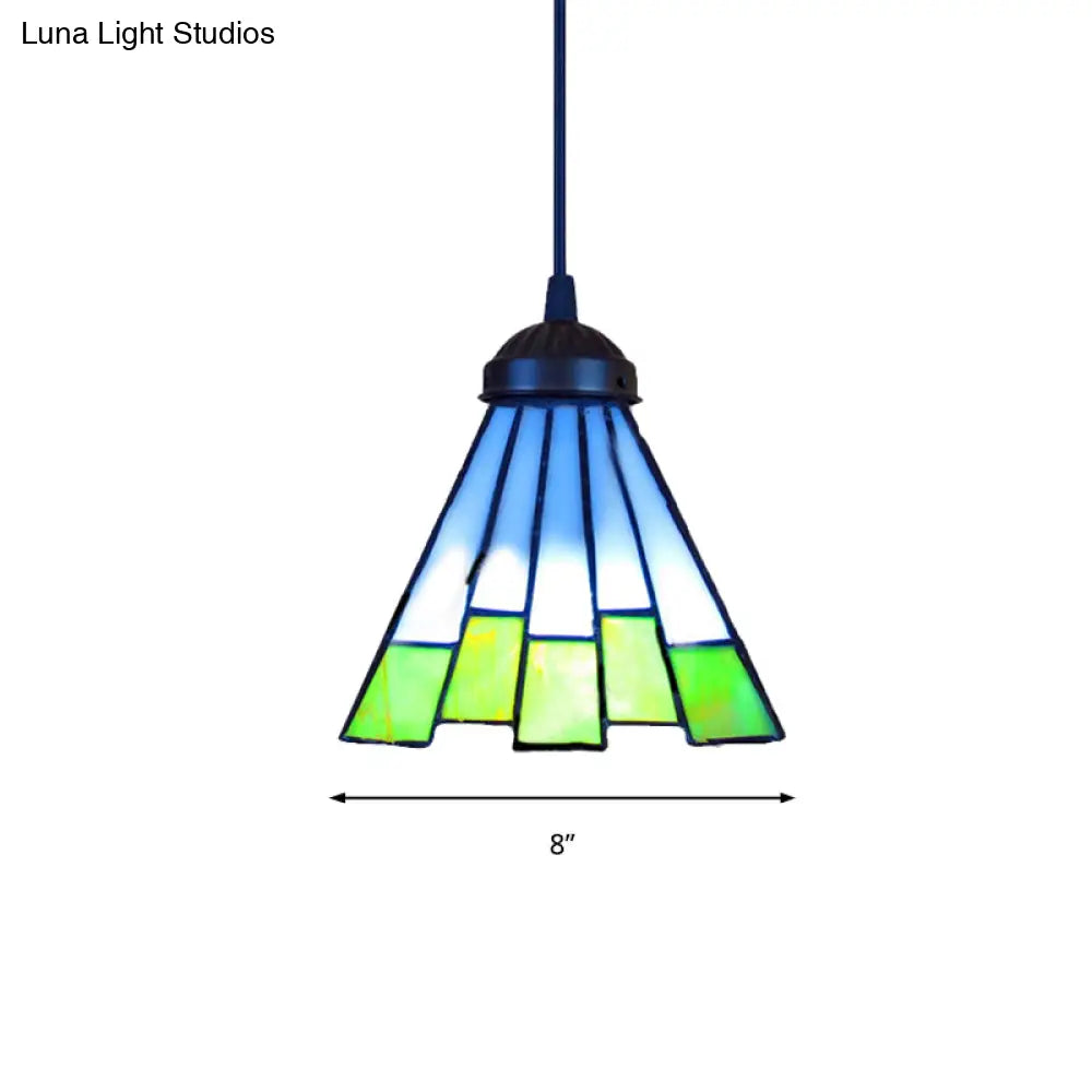 Green Tapered Pendant Ceiling Light: Tiffany 1 Head Multicolored Stained Glass Hanging Lamp