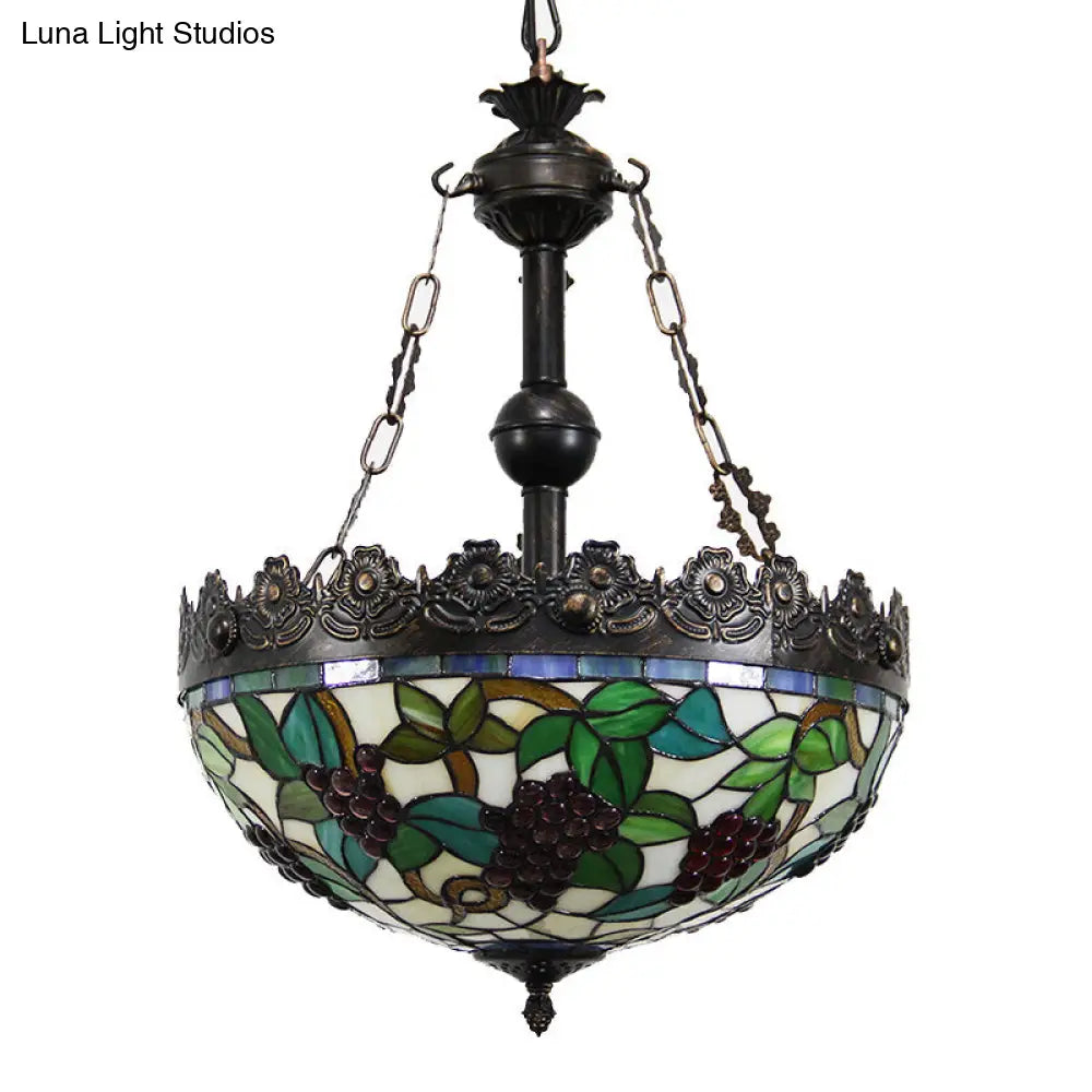 Tiffany Stained Glass Grape Chandelier Pendant - Green 3-Light Fixture For Living Room