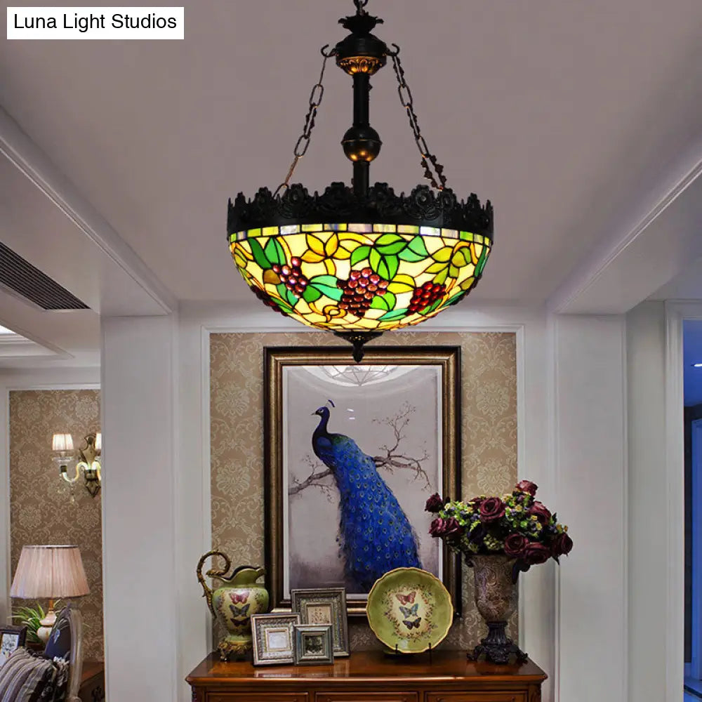 Green Tiffany Stained Glass Chandelier With 3 Lights - Grape Design Pendant For Living Room