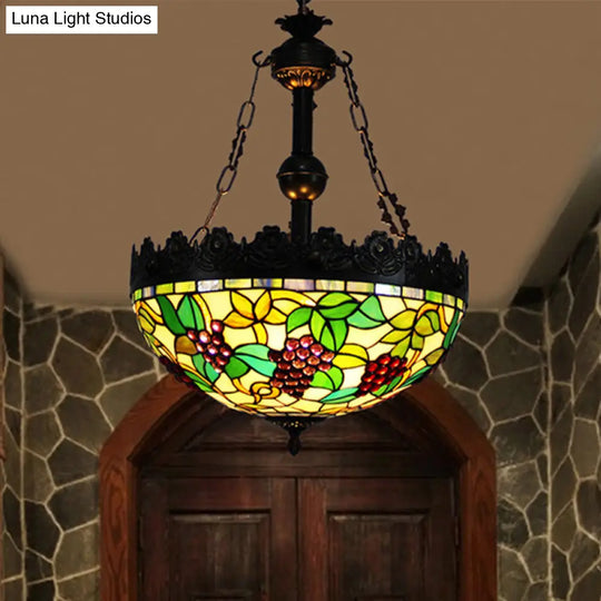 Green Tiffany Stained Glass Chandelier With 3 Lights - Grape Design Pendant For Living Room