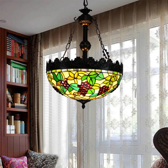 Green Tiffany Stained Glass Chandelier With 3 Lights - Grape Design Pendant For Living Room