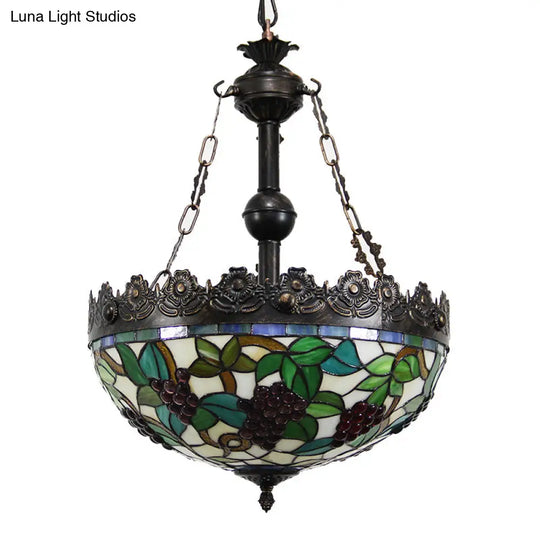 Green Tiffany Stained Glass Chandelier With 3 Lights - Grape Design Pendant For Living Room