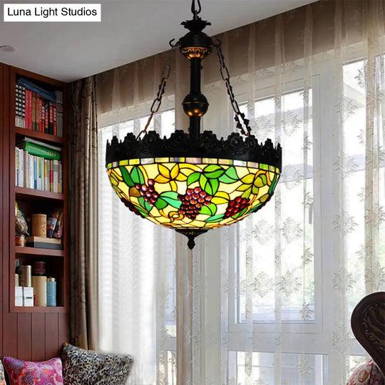 Tiffany Stained Glass Grape Chandelier Pendant - Green 3-Light Fixture For Living Room