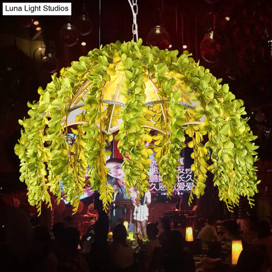 Green Vine-Adorned Metal Dome Pendant Ceiling Light