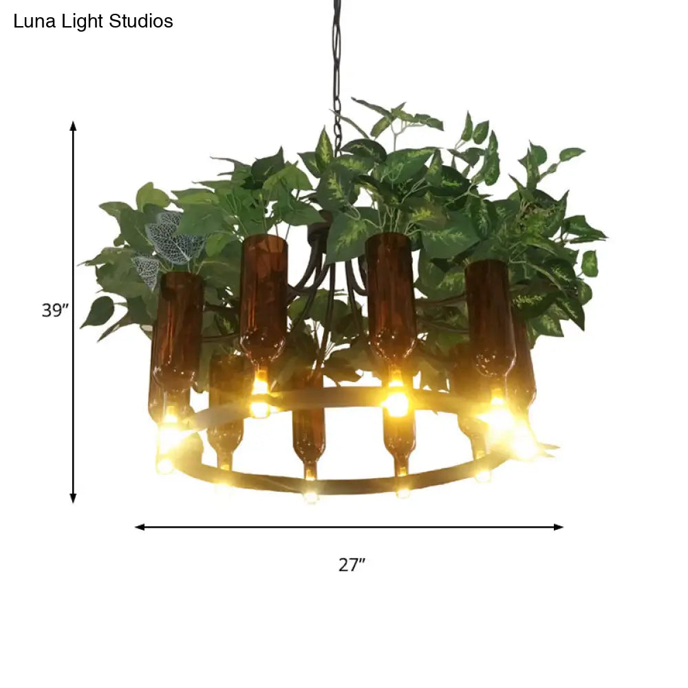 Green Wagon Suspension Light - Industrial Metal 10-Head Chandelier With Plant Deco Perfect For