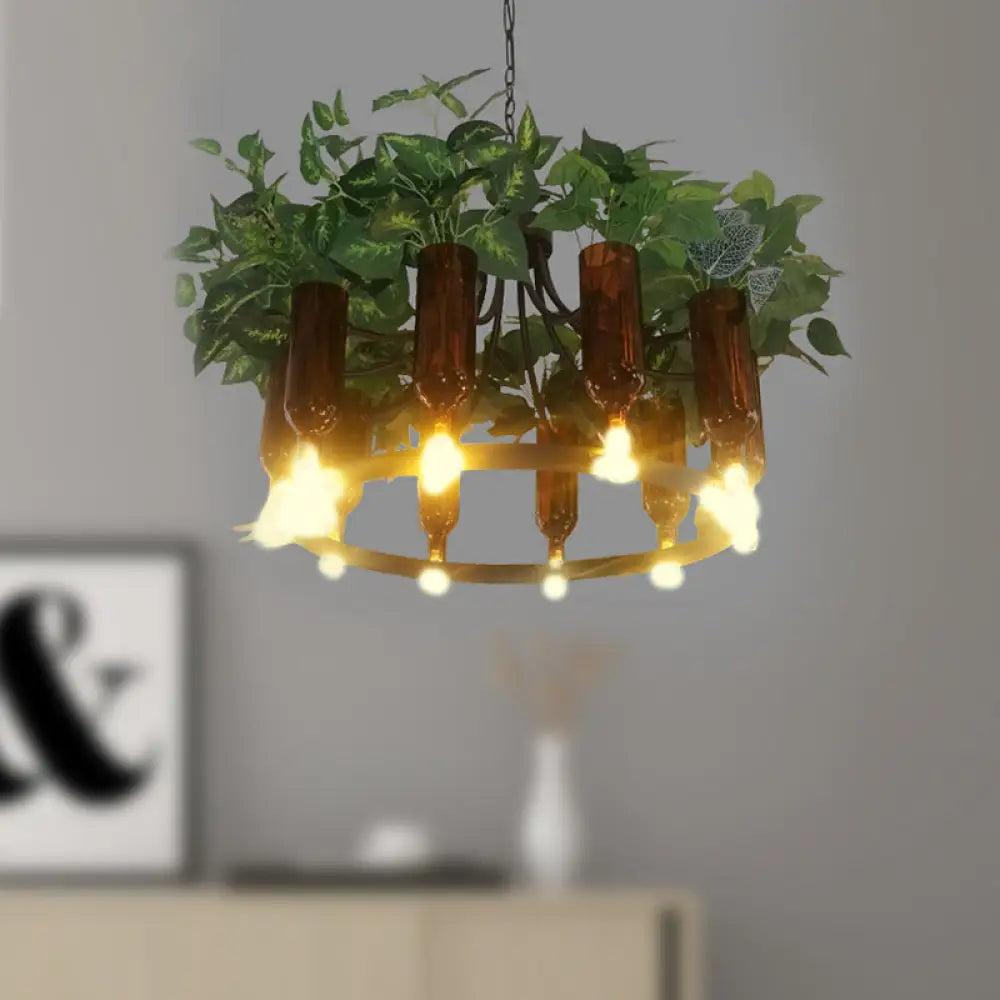 Green Wagon Suspension Light - Industrial Metal 10-Head Chandelier With Plant Deco Perfect For