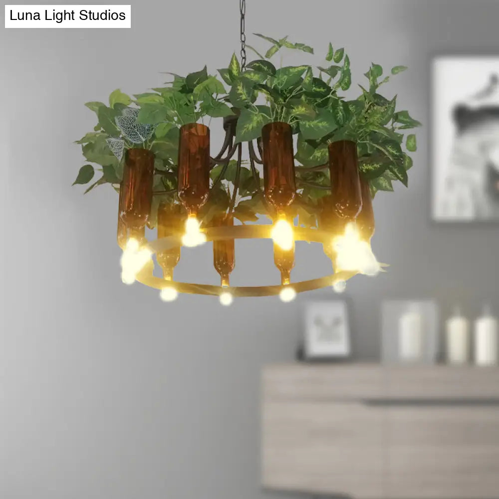 Green Wagon Suspension Light - Industrial Metal 10-Head Chandelier With Plant Deco Perfect For