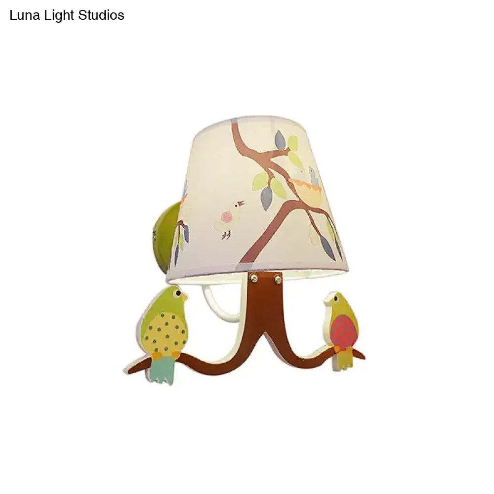 Green Wall Light Branch Fabric Lamp With Bird & Tapered Shade For Baby Bedroom - Kids Edition